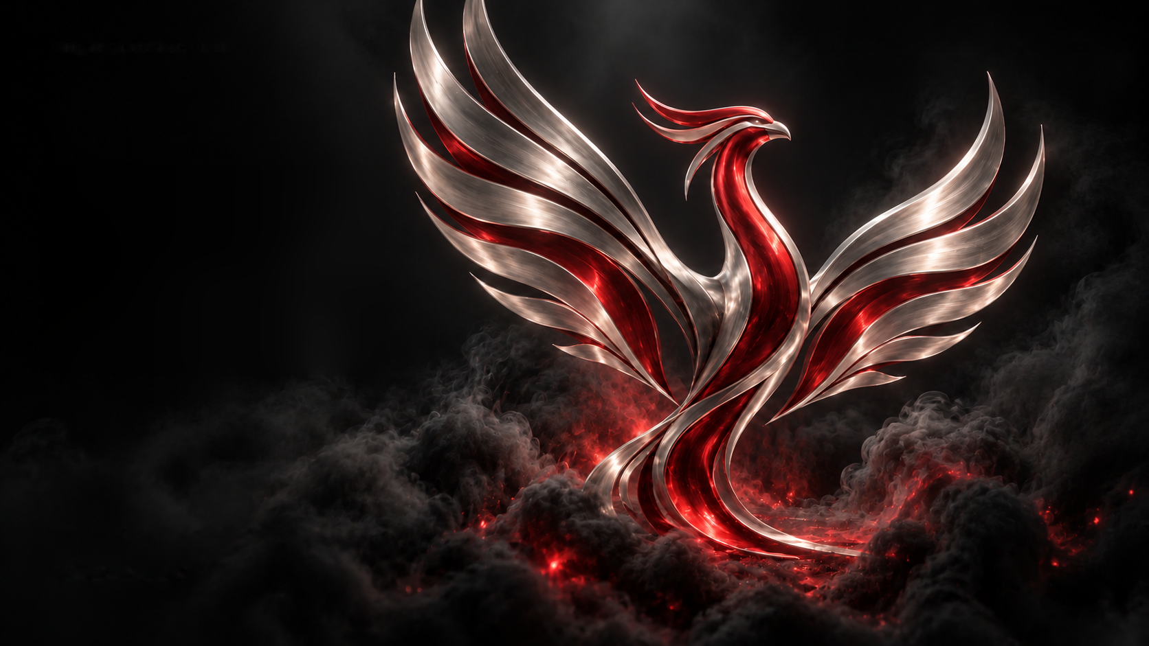 A crimson and platinum phoenix rising through dark smoke and glowing embers